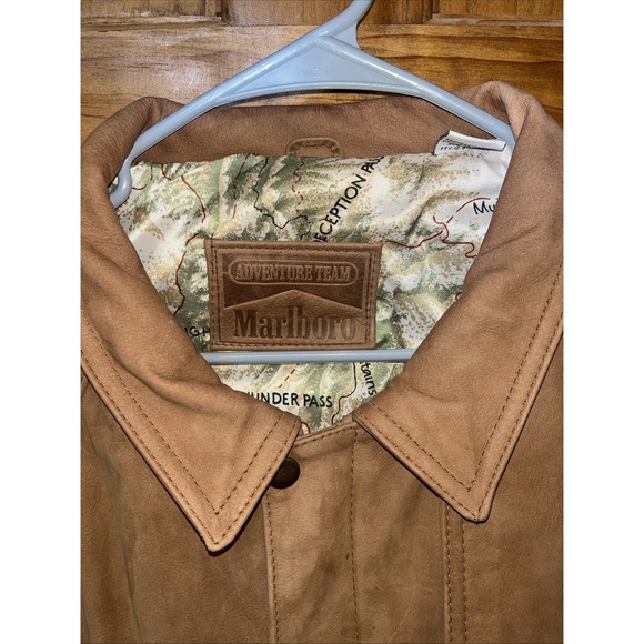 Vintage 90s Marlboro Brown Leather Bomber Jacket With Map Lining Design Men's L - Picture 2 of 11